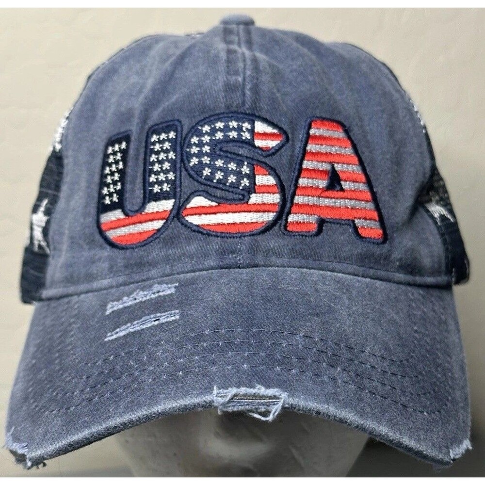 Denim American Flag Embroidered “USA” Trucker Cap Washed Distressed- Adjustable